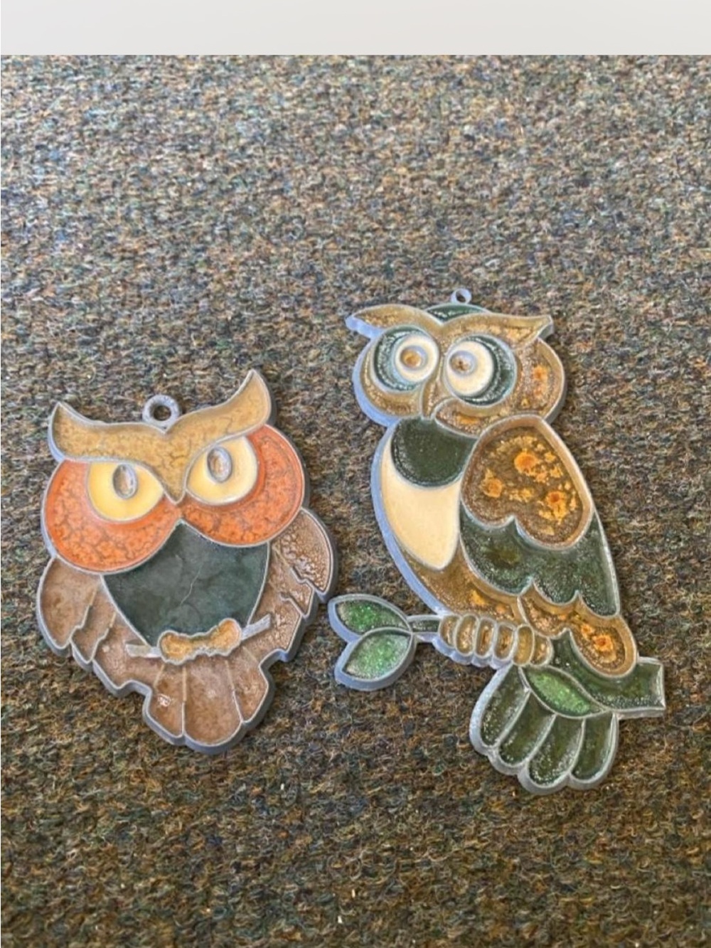Vintage Owl Wall Hangings — Orange & Green Stained Glass Style